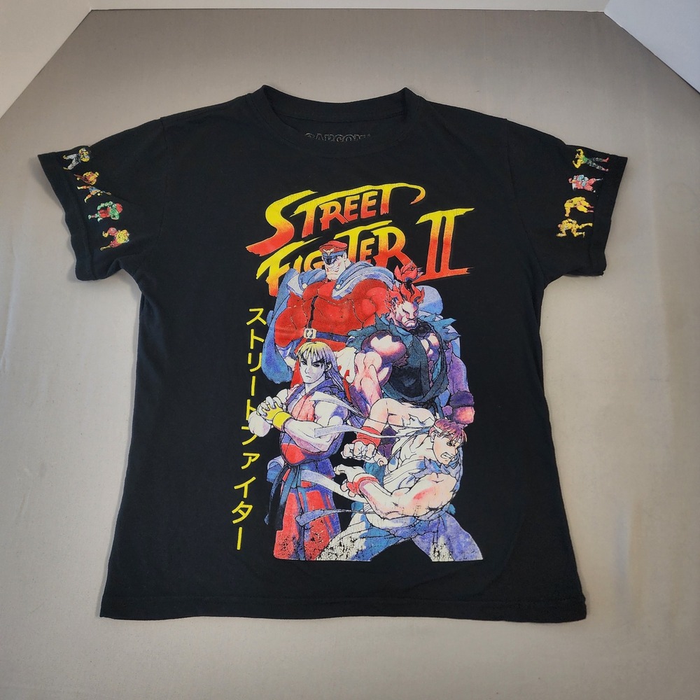 Vintage Capcom Street Fighter II Graphic T-Shirt Black Rare Sleeve Print Sz‎ M